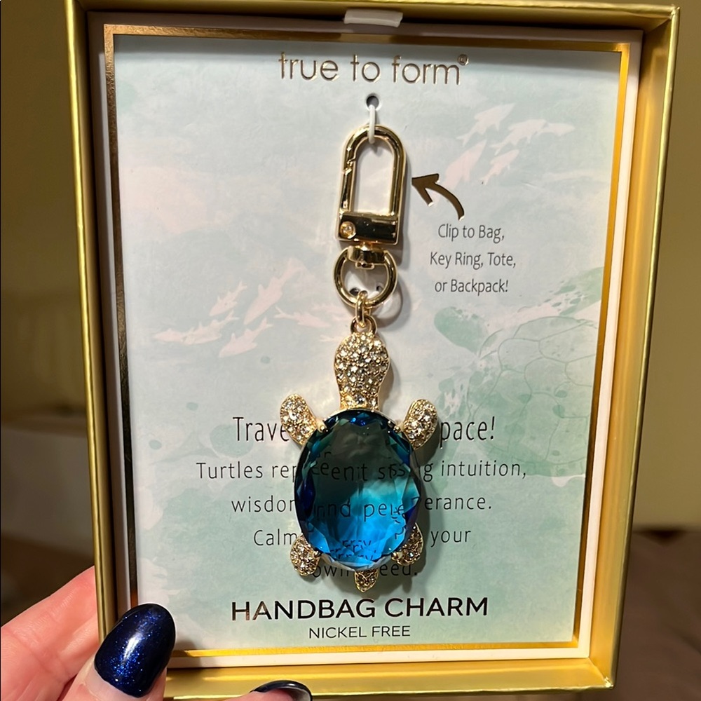 True to form Gold and Blue Turtle Glass With Rhinestone Head Feet Handbag Charm